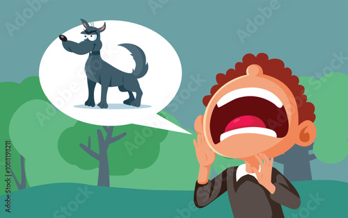 Little Boy Crying Wolf Vector Cartoon Fairytale Illustration. Famous tale of a lying child who announces the false alarm

