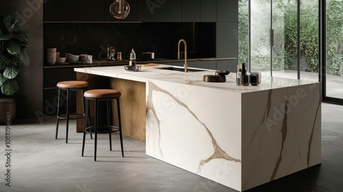 Modern kitchen design with sleek marble island and black accents