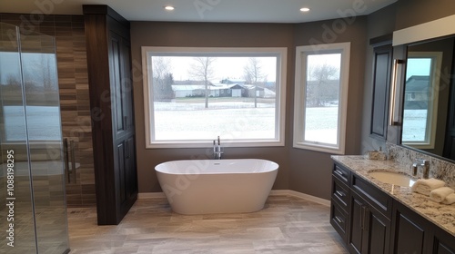 Modern bathroom design with large window and freestanding tub