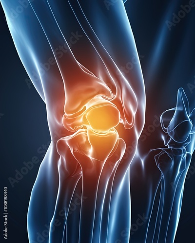 A close-up of an X-ray showing knee pain, with red color highlighting the joint area in focus and a blurred living room background.