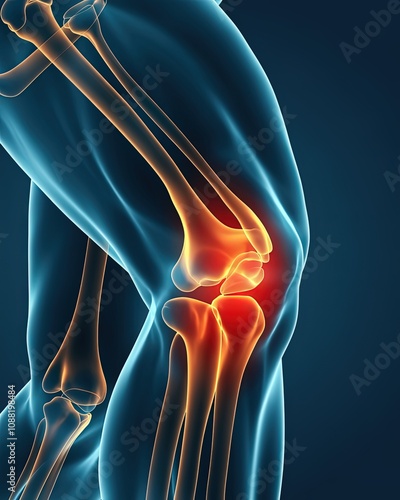 A close-up of an X-ray showing knee pain, with red color highlighting the joint area in focus and a blurred living room background.