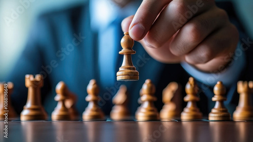 Strategic business mindset with focus on discipline and planning, showcasing hand moving chess piece on board