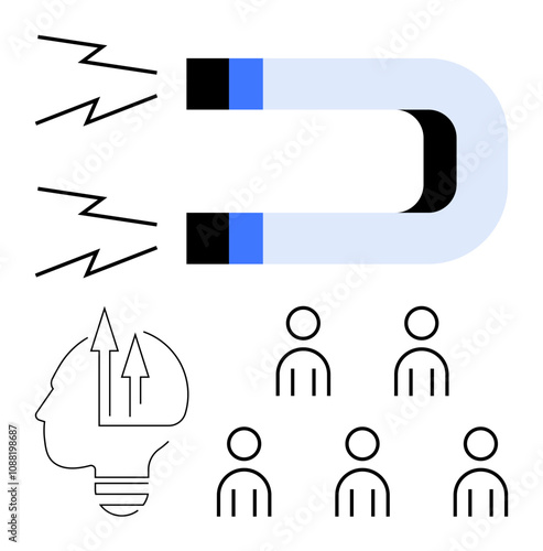 Magnet with force lines attracting a light bulb head with arrows and five people figures. Ideal for leadership, innovation, inspiration, teamwork, growth, communication, and community. Line metaphor