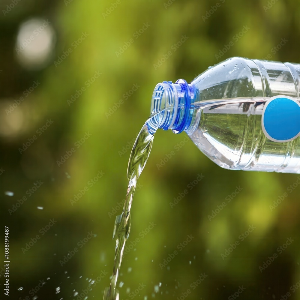 Refreshing Hydration: A close-up shot of a clear plastic water bottle pouring water into a glass, capturing the refreshing sensation of hydration. The image evokes a sense of purity, health. Refreshing Hydration: A close-up shot of a clear plastic water bottle pouring water into a glass, capturing the refreshing sensation of hydration. The image evokes a sense of purity, health.