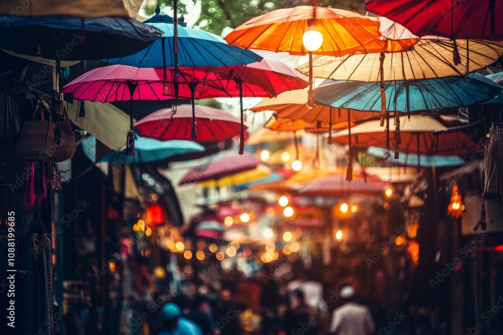 Naklejka premium Vibrant Islamic Marketplace Under Colorful Umbrellas