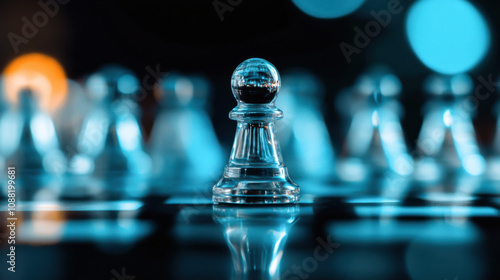 close up of glass chess pawn surrounded by blurred pieces, symbolizing strategy and focus in game. vibrant blue background enhances visual appeal