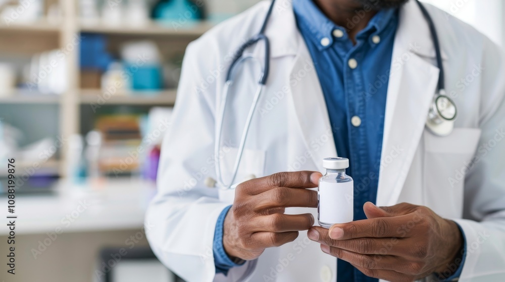 Healthcare professional holding vaccine vial in modern clinic, symbolizing public health efforts and vaccine coverage. Healthcare professional holding vaccine vial in modern clinic, symbolizing public health efforts and vaccine coverage.