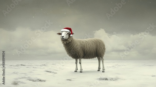 Sheep wearing a festive santa hat in a snowy landscape photo