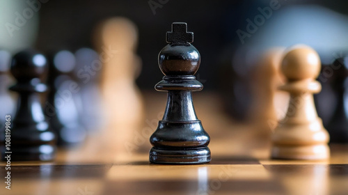 close up of black chess pawn in focus, surrounded by other chess pieces, creating strategic atmosphere. game of chess symbolizes strategy and focus