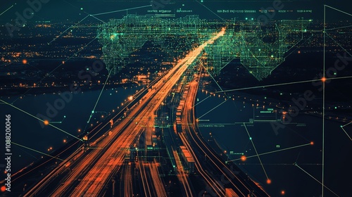 Real-time digital map tracking of urban transport networks cityscape data visualization nighttime smart technology