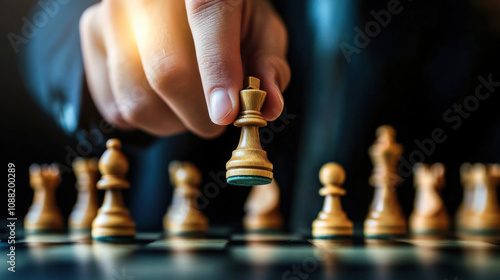 hand moves wooden chess piece on chessboard, symbolizing strategy and decision making in game. focus is on king piece, highlighting importance of leadership and tactics