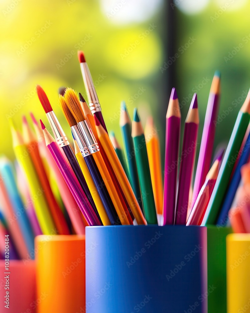 Vibrant collection of colored pencils and brushes in colorful holders, creative atmosphere. Vibrant collection of colored pencils and brushes in colorful holders, creative atmosphere.