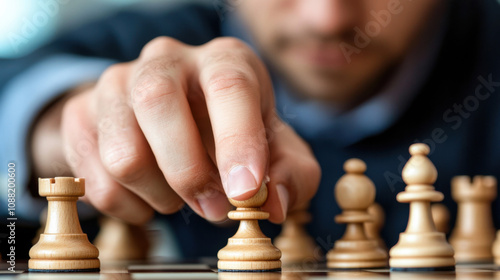 focused man plays chess, strategically moving pawn on board. game symbolizes strategy, opportunity, and critical thinking