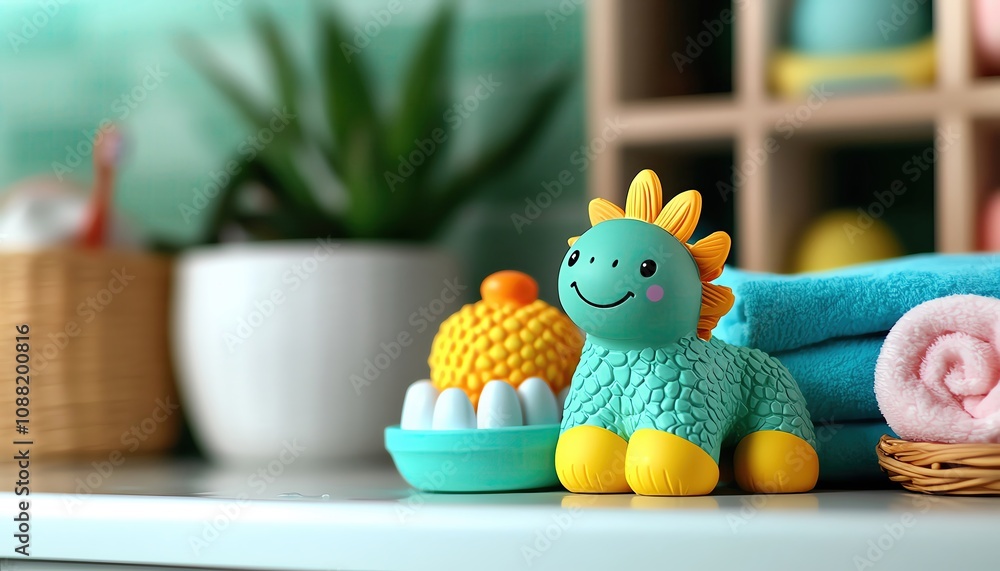 Obraz premium Colorful dinosaur toy with bath accessories on a bright, cheerful bathroom shelf.
