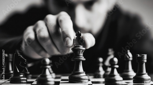 focused player making strategic move in chess game, emphasizing concentration and skill. black and white tones enhance intensity of moment