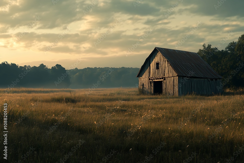 A rustic barn stands in a serene field at dusk, surrounded by trees and soft light. A rustic barn stands in a serene field at dusk, surrounded by trees and soft light.