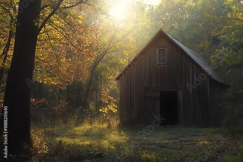 A rustic wooden barn surrounded by autumn foliage and soft sunlight.