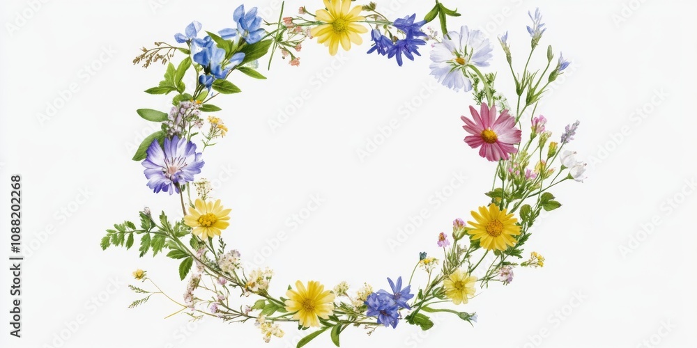 Obraz premium Colorful Wildflower Wreath Floral Frame Spring Flowers Botanical Design Nature Background