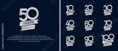 set of anniversary logo flat silver color on black background for celebration moment
