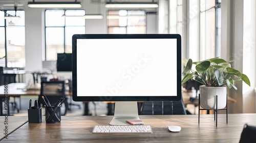 Wallpaper Mural Modern office desk setup with computer and laptop in an empty workspace Torontodigital.ca