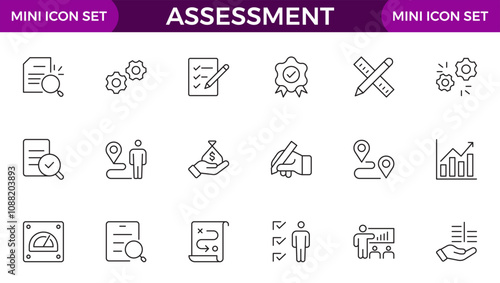 Assessment icons set. Stroke thin line vector illustration with goals, results, process, quality, evaluation, planning, analysis, auditing, financial report, measuring, expertise