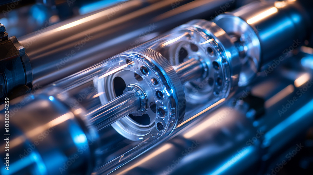 Naklejka premium Industrial Machinery: Pneumatic Pipe System Close-up, Metal, Glass, Engineering