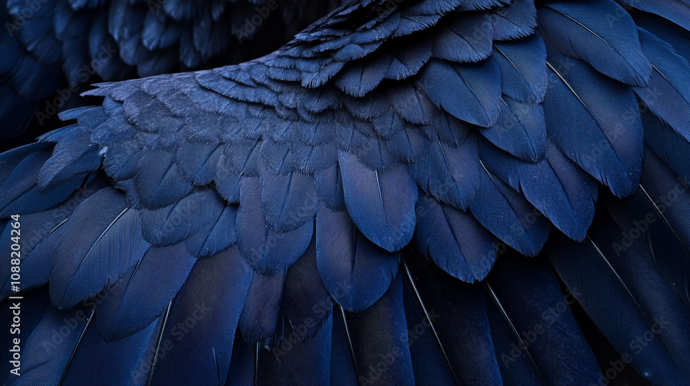 Fototapeta premium Blue Bird Wing Feathers, Closeup Macro, Dark Avian Texture, Deep Blue Plumage, Nature Photography
