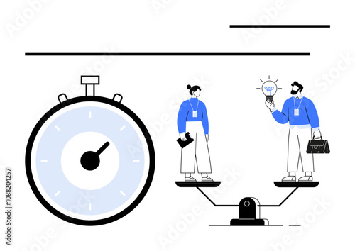 Stopwatch two cartoony professionals on balance scale innovative lightbulb. Ideal for productivity, teamwork, business, equality, time management, ideas, decision-making. Line metaphor
