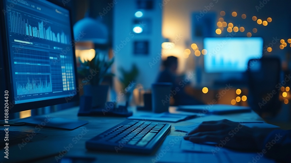 Person working late at night on computer analyzing data charts. Person working late at night on computer analyzing data charts.
