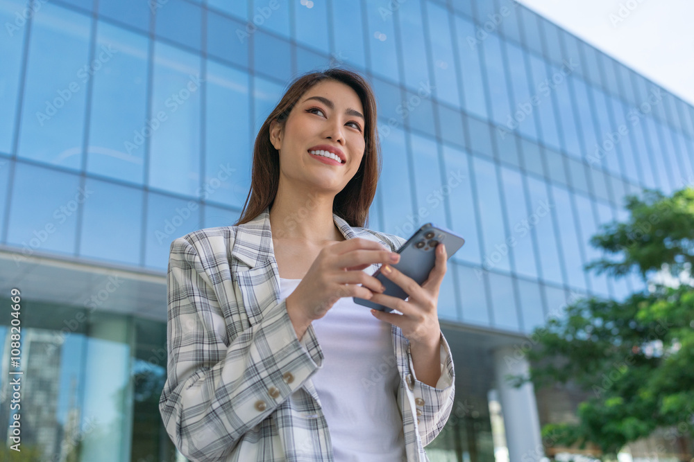 Casual Asian Businesswoman Using Phone In Front A Modern Glass Office Building In The City Casual Asian Businesswoman Using Phone In Front A Modern Glass Office Building In The City