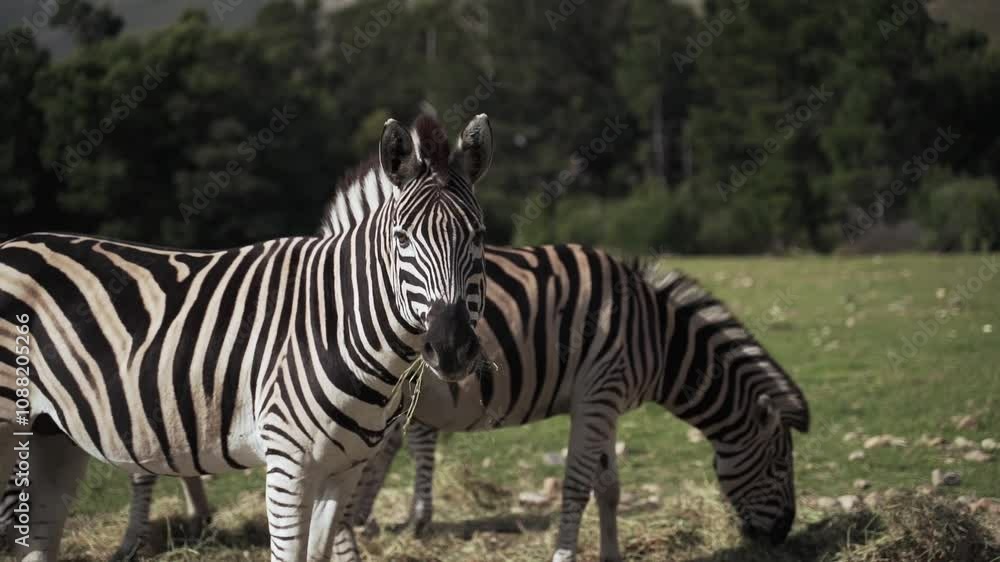 Handheld shot of two zebras grazing on field in Maasai Mara National Reserve, bright daylight showing their striped coats and peaceful behavior. Handheld shot of two zebras grazing on field in Maasai Mara National Reserve, bright daylight showing their striped coats and peaceful behavior.