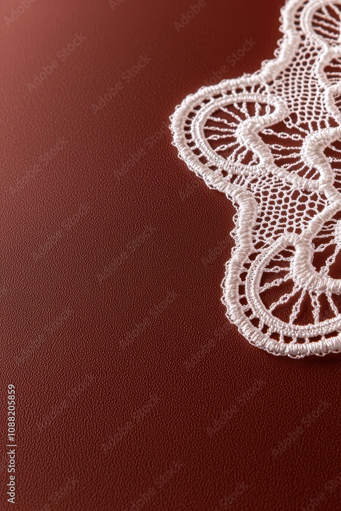 Obraz premium A delicate white lace trim rests on a rich brown surface, showcasing intricate patterns and textures that enhance the overall aesthetic.