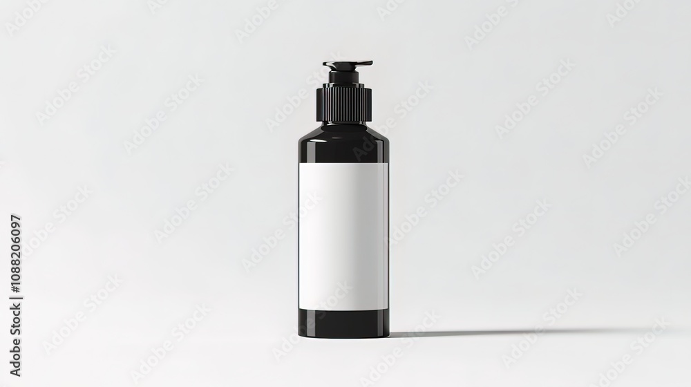 Black bottle with pump dispenser and white label. Black bottle with pump dispenser and white label.