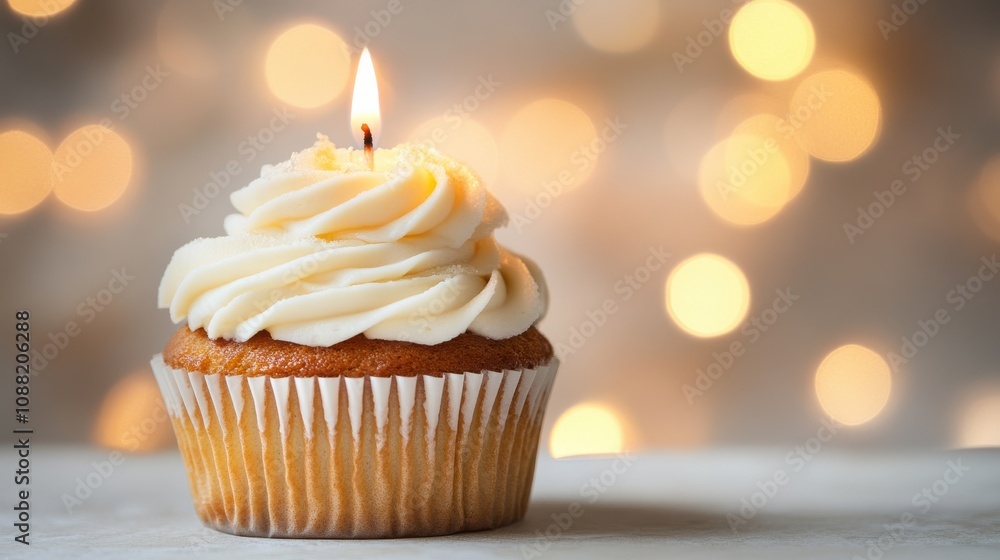 Warm Candlelit Cupcake with Frosting on Soft Focus Background, Perfectly Capturing the Glow of the Flame and Creating a Cozy Ambiance for Any Celebration or Event