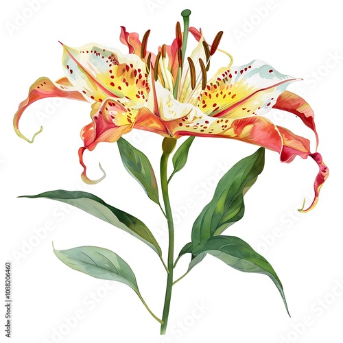 Watercolor Gloriosa Lily Isolated on White Background. Beautiful Gloriosa Lily Flower