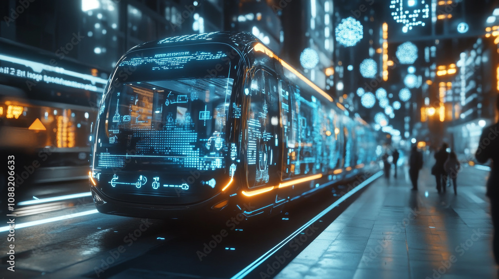 Fototapeta premium Futuristic Holographic Tram, Cityscape, Public Transit, Transportation, Technology