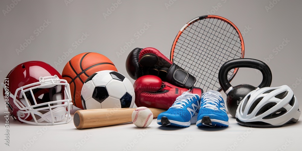 a photo of various sports equipment and accessorie