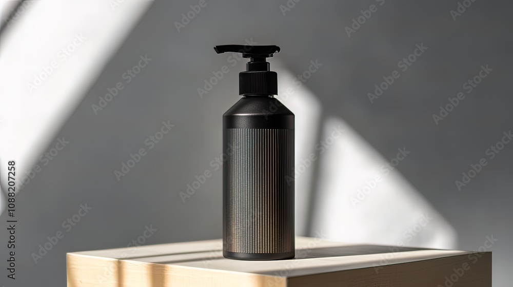 Black pump bottle on a white pedestal in sunlight. Black pump bottle on a white pedestal in sunlight.