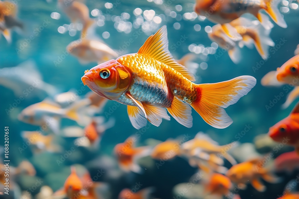 Swimming Goldfish in Vibrant Aquarium with Crystal Clear Water and Decorative Underwater Scenery : Generative AI Swimming Goldfish in Vibrant Aquarium with Crystal Clear Water and Decorative Underwater Scenery : Generative AI