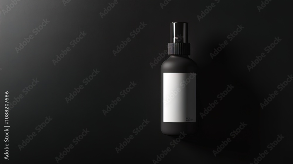 Black spray bottle with a blank white label on a black background. Black spray bottle with a blank white label on a black background.