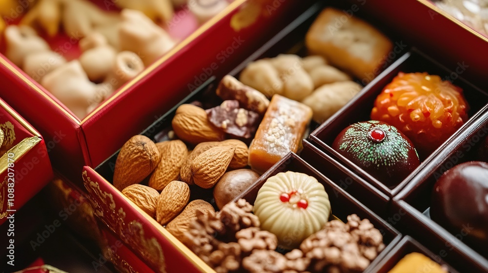 Chinese new year snack box close-up cultural celebration food photography festive environment artistic perspective culinary tradition Chinese new year snack box close-up cultural celebration food photography festive environment artistic perspective culinary tradition
