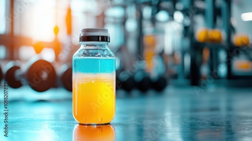 Energy-infused sports drink bottle in neon glow against gym backdrop, symbolizing intensity and power, sports drinks  electrolytes  power photo