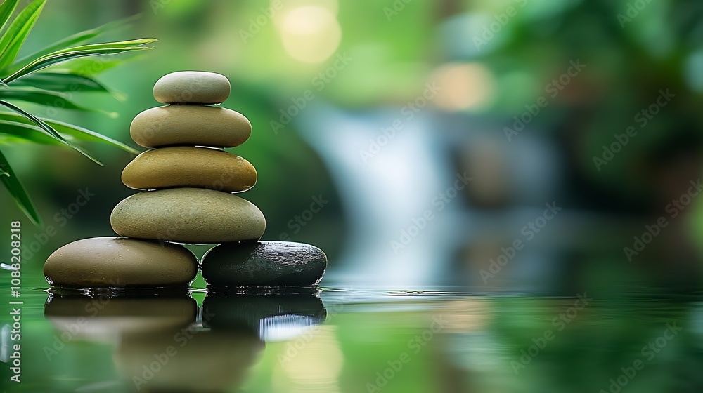 Zen Stones on a Peaceful Pond with Flowing Water in Tranquil Garden : Generative AI Zen Stones on a Peaceful Pond with Flowing Water in Tranquil Garden : Generative AI