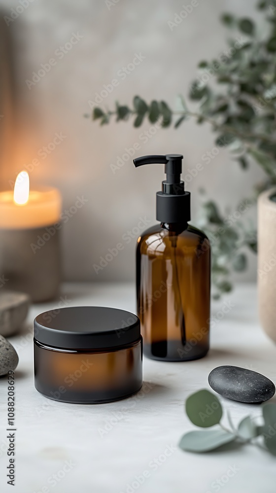 Luxurious amber glass cosmetic bottle with eucalyptus creating a calming spa atmosphere : Generative AI Luxurious amber glass cosmetic bottle with eucalyptus creating a calming spa atmosphere : Generative AI