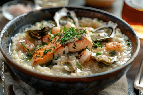 A flavorful seafood dish featuring shrimp, salmon, and oysters served in a creamy risotto, garnished with fresh herbs.