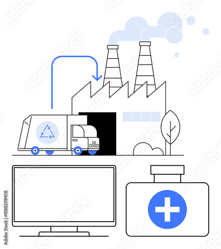 Waste disposal truck unloading at factory, factory chimneys emitting smoke, tree, computer monitor, medical waste container. Ideal for sustainability, waste management, industrial processes