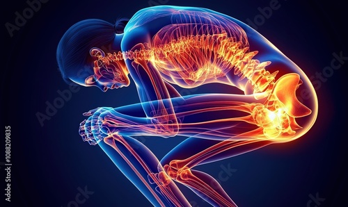 The Weight of Pain: A translucent skeletal figure hunches over in agony, highlighting a fiery red inflammation in the lower back, a stark illustration of the debilitating effects of back pain.  photo