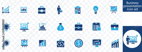 Business presentation icon set. Containing seminar, sales presentation, keynote, meeting, whiteboard, conference and business plan icons. Solid icon collection vector