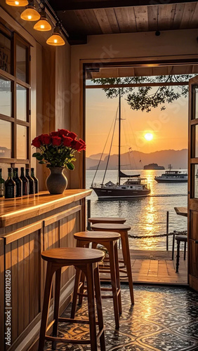 sunset restaurant interior on the sea