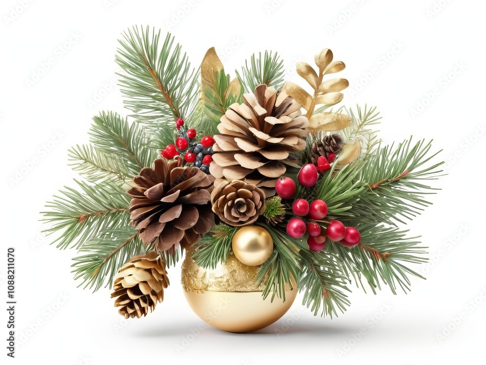 Christmas bouquet with pine branches, ornaments and pine cones isolated on white background
Christmas bouquet with pine branches, ornaments and pine cones isolated on white background